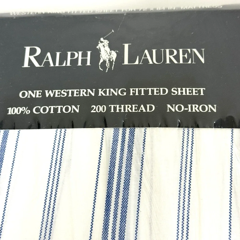 Rare Vintage Ralph Lauren Village Stripe White Blue Fitted Sheet - Cal King